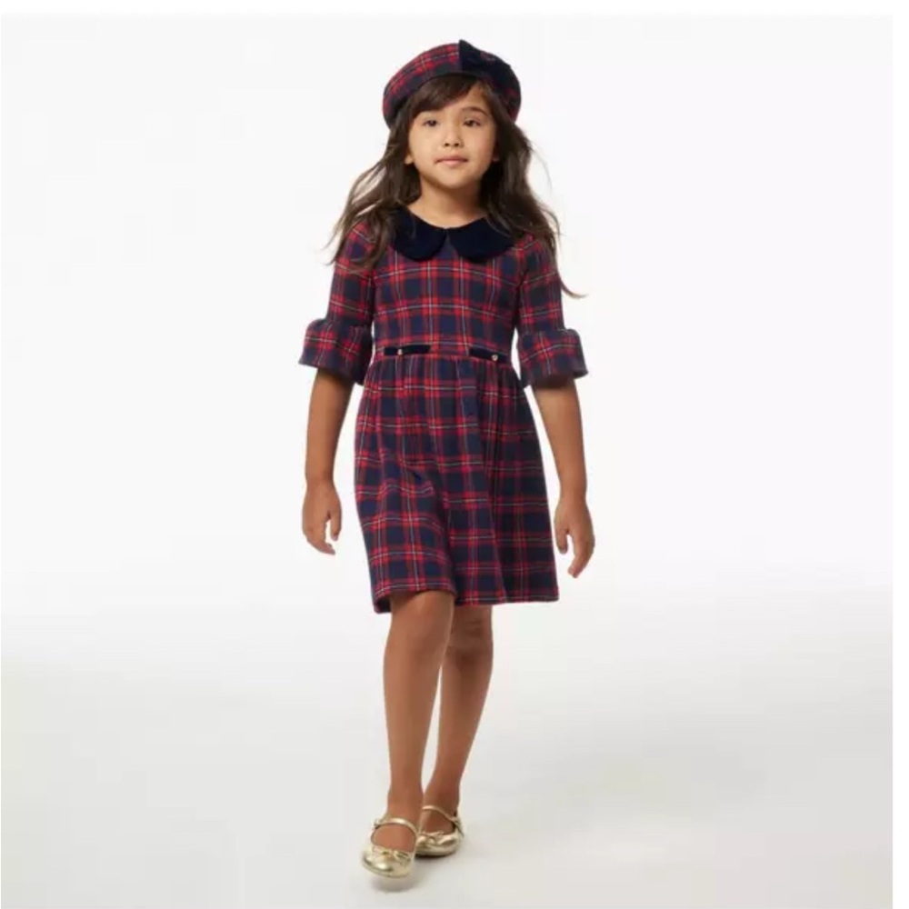 Janie and Jack Navy and Red Plaid Dress with Beret